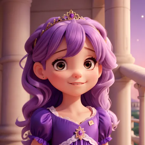 Menina de 6 anos com cara de princesa, cabelos pretos, pela claro, rosto delicado e bonito, dressed in a beautiful purple princess dress with shiny details and is on a balcony