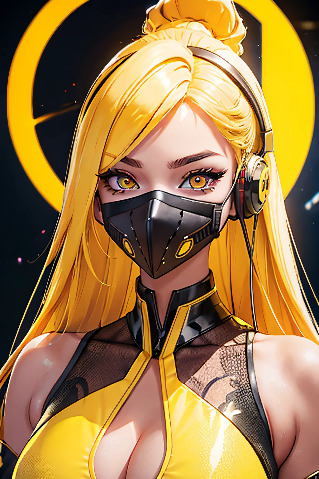 girl with long yellow hair, yellow eyes, futuristic vibes, mask on mouth, headphones, 8k, high quality, simple background, glowing eyes, nice pose