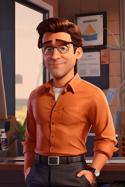 The main character is a white lawyer, sorridente, com olhos castanhos, cabelo curto e escuro, Wearing a blue suit and tie and wearing glasses.