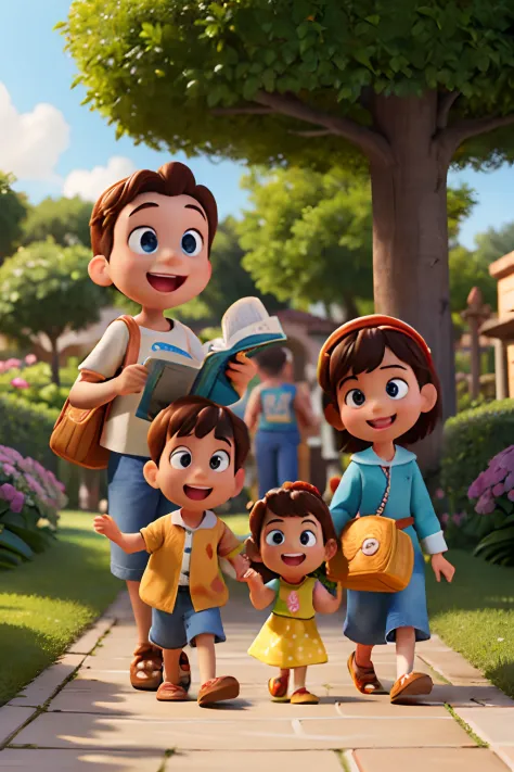 Disney pixar 3D estilo poster, Several children with bible in hand and cheerful and happy, caminhando em um jardim lindo