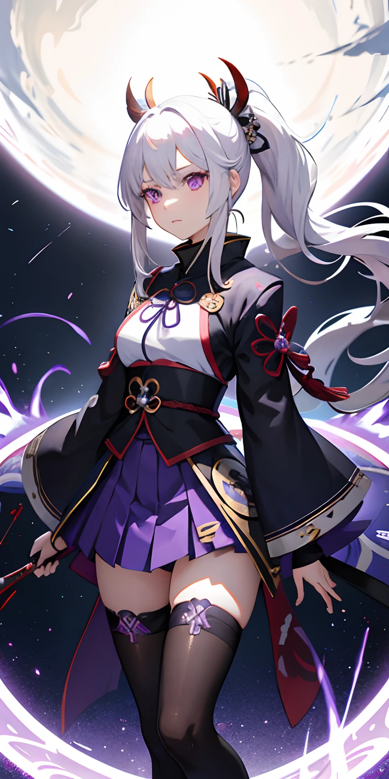 1girl, japanese clothes, ponytail ,white hair, purple eyes, magic circle, blue fire, blue flames, wallpaper, landscape, blood, blood splatter, depth of field, night, light particles, light rays, sidelighting, thighs, fate \(series\), genshin impact, ****, open jacket, skirt, thighhighs, cloud