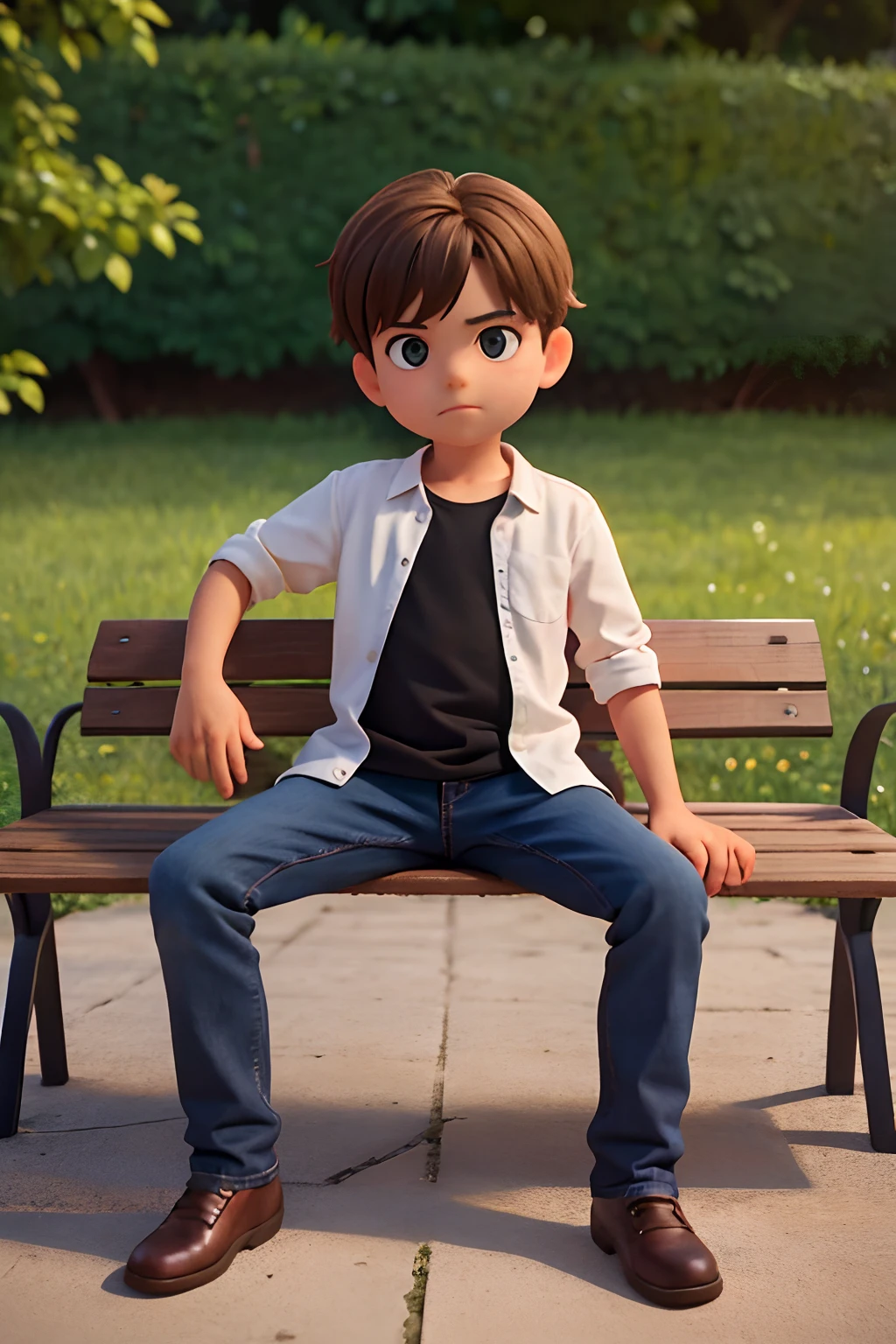 A imagem mostra um menino sentado em um banco de madeira, which is located near a fence. The boy is wearing a black shirt and appears to be looking at the camera. The bench is positioned in the middle of the scene, com a cerca estendendo-se para os lados esquerdo e direito da imagem. The boy's posture and the presence of the bench suggest that this could be a park or a similar outdoor environment.Gere essa imagem no estilo de anima