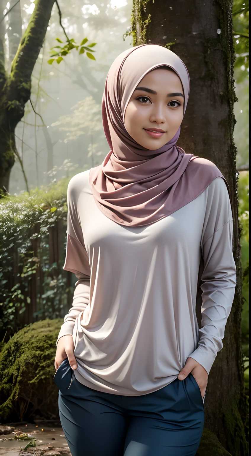 RAW, Best quality, high resolution, masterpiece: 1.3), beautiful Malay woman in hijab (iu:0.8),Best quality, high resolution, Masterpiece: 1.3, Beautiful  hijabi malay girl, Masterpiece, Soft smile,Beautiful Malay women wear pastel color hijab walking with intense rainfall, monochromatic, vines all around, giant and wet trees ,bright sunshine, hiking clothes, pullover, long pants, highres,4k,HDR,1girl, photorealistic, realistic,sweat skin, wet clothes, wet body, big breast, ((full body))soaked, dripping, smiling at viewer, closeup