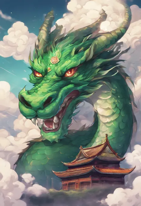 china style，Chinese mythology，Chinese Green Dragon，tosen，cute little，immensity，Eyes like a person，glow effect，Surrounded by clouds，Thick clouds，buliding，中景 the scene is，Full body like， Highly detailed surreal VFX，OC rendering，