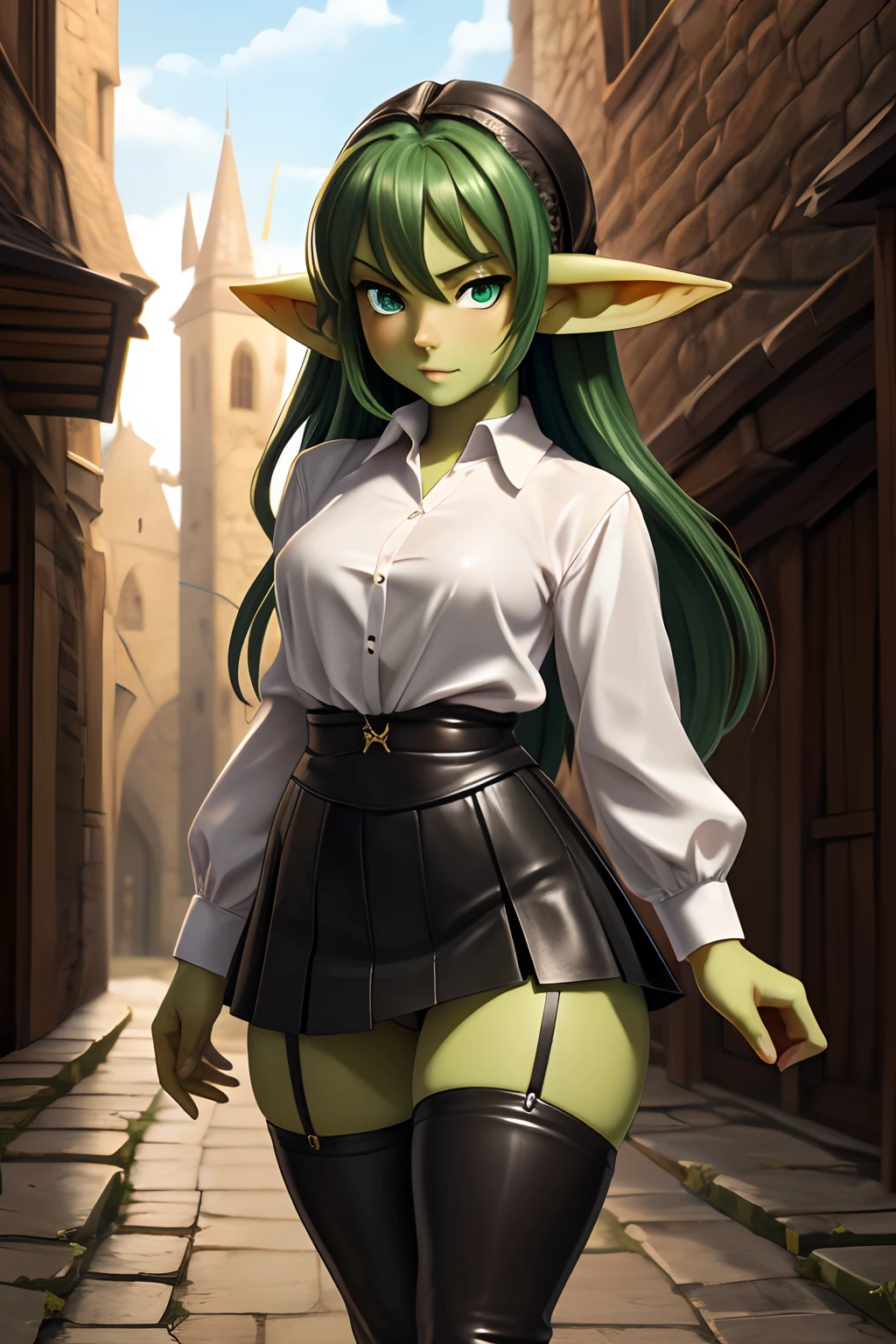 Goblin Girl, Short stature, dark green long hair, beatiful face, sexy facial expression, Facing the camera, green skin, Skin color: green, Body glare, ((pretty eyes)), green colored eyes, ((Perfect Sexy Figure)), Ideal body shapes, big thighs, ((Subtle and beautiful)), ((Medieval Fantasy Clothing: Leather Mini Skirt Sexy Leather Stockings White Shirt)), Sexy seductive stance, Full-length, background: Medieval Dark Alley, Depth of field, ((ultra quality)), ((tmasterpiece)), clear image, crisp details, Realistic, Professional Photo Session, Clear Focus, the anime, Colorfully drawn, NSFW