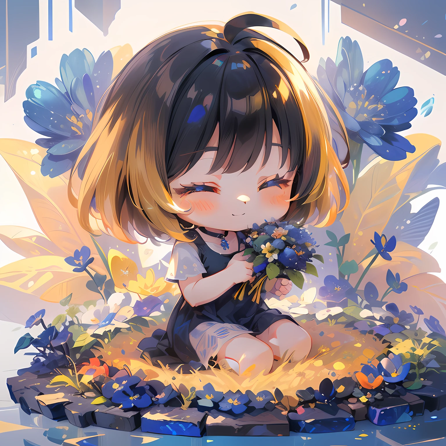 (((Lapis Lazuli masterpiece))), best quality, extremely detailed, anime, (hold a bouquet), (casual), (black and yellow short hair), multicolored hair:1.2), closed eyes, (((a girl))), (((solo))), happy, full body, ahoge, (((deformed))), (((chibi character))), (((floral background))), (white background), (flower field)