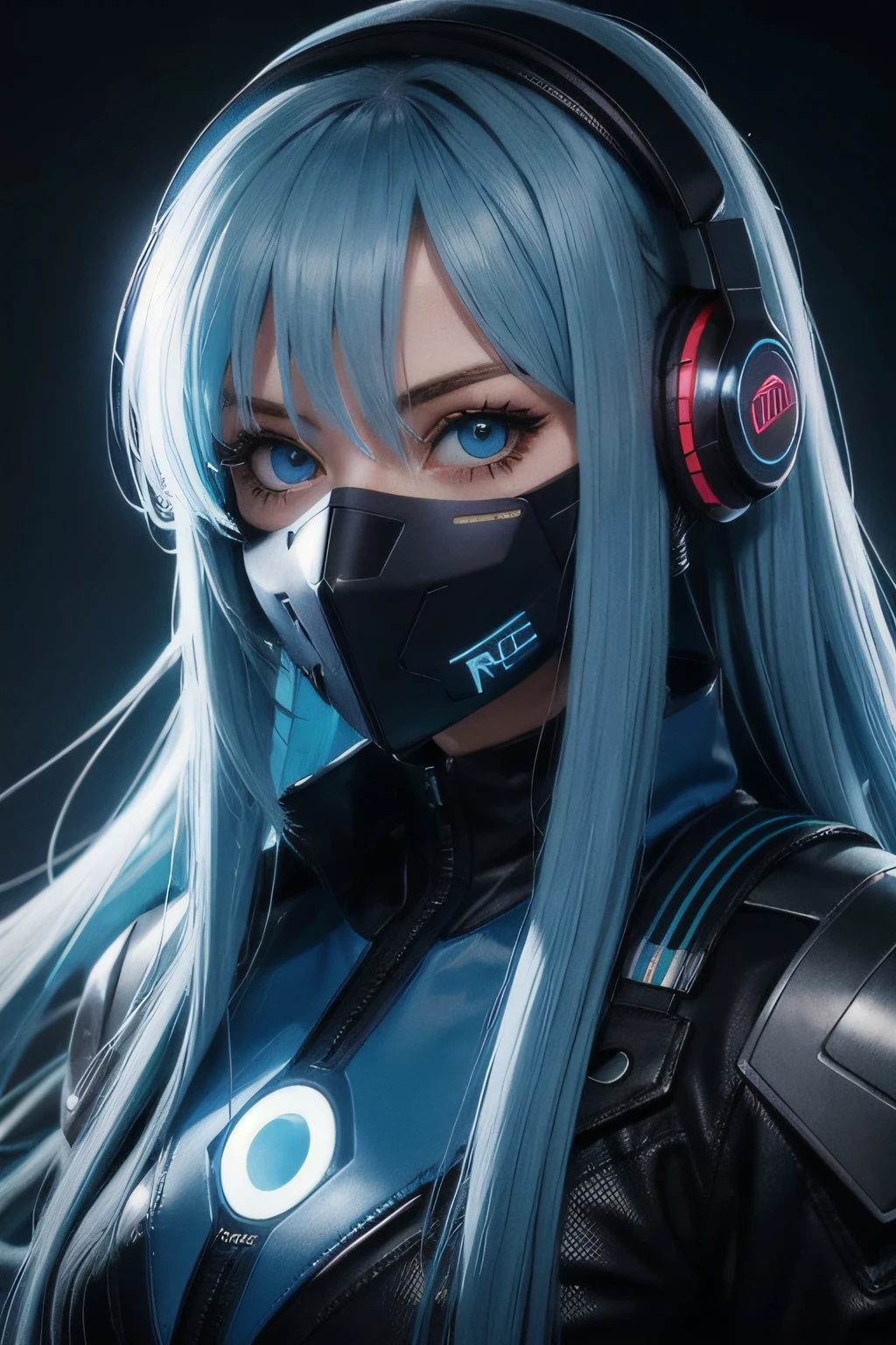 girl with long blue hair, blue eyes, futuristic vibes, mask on mouth, headphones, 8k, high quality, simple background, glowing eyes, nice pose