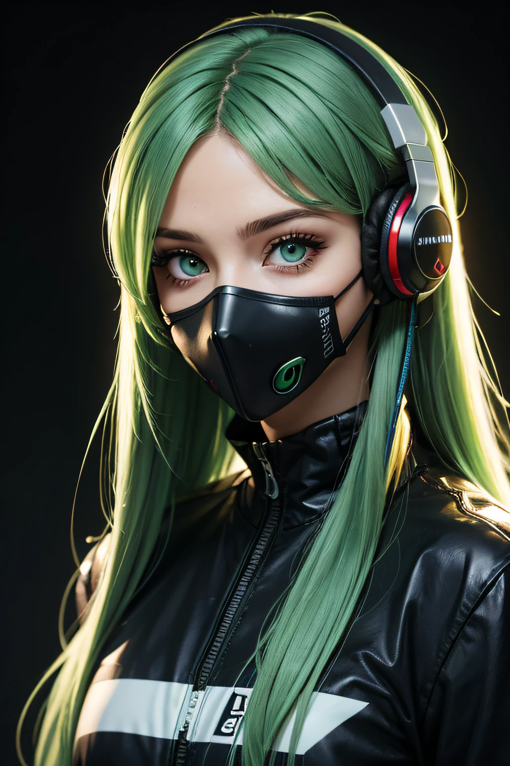 girl with long green hair, green eyes, futuristic vibes, mask on mouth, headphones, 8k, high quality, simple background, glowing eyes, nice pose