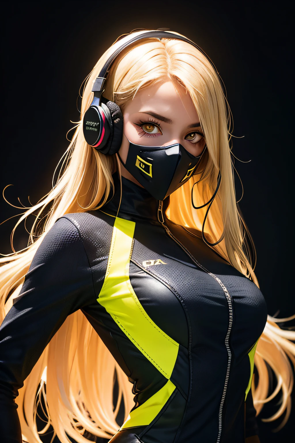 girl with long yellow hair, yellow eyes, futuristic vibes, mask on mouth, headphones, 8k, high quality, simple background, glowing eyes, nice pose