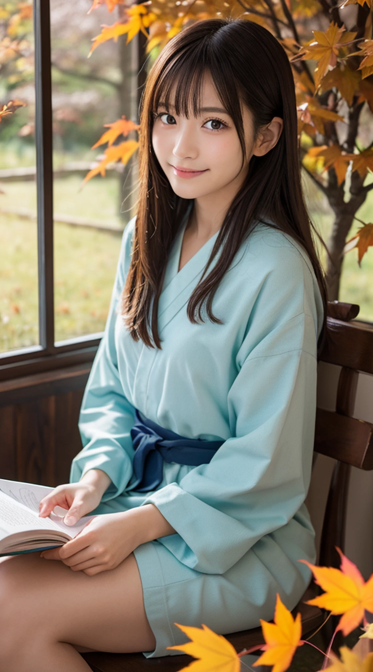 in the livingroom、Reading a book, teens girl, in a japanese apartment, live action movie scene, iwakura lain, wearing japanese school uniform, sakimichan hdri, ikki tousen, Japan school uniform, hana yata, Seifuku, japanese girl school uniform, private moment, (Photorealsitic:1.4), (Top image quality:1.0), (超A high resolution:1.0), 8K, Raw photography, (​masterpiece:0.2), (pureerosface_v1:0.5)、(Best Quality Detail:1.2)、realisitic、8K UHD、hight resolution、(1girl in:1.2)、The ultra-detailliert、High quality textures、intricate detailes、detaileds、Very detailed CG、High quality shadows、Detail Beautiful delicate face、Detail Beautiful delicate eyes、depth of fields、Ray traching,1girl in, japanaese girl, Cute, slender, Kimono with Japanese pattern,Floral scrunchie, Beautiful skin, Facing the front,Sit down, Sit upright and say thank you,Align your hands elegantly,Smile faintly The Land of Japan,Japanese garden,Luxury Japanese-style room, (In rows of maple trees:1.2), ((Autumn foliage scenery:1.3)), skyporn, Magic Hour, (Realistic:1.3), Finely detailed, quality, (masutepiece:1.2), (Photorealistic:1.2), (Best Quality), (Intricate details), Dramatic, Ray tracing, photograph, +Lola