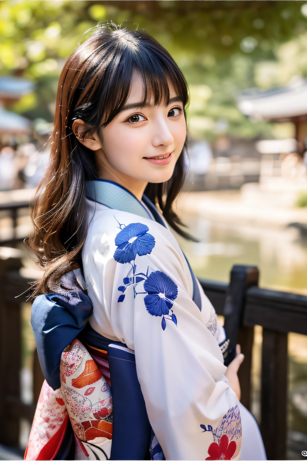 A close up of a woman in a kimono standing near a body of water - SeaArt AI