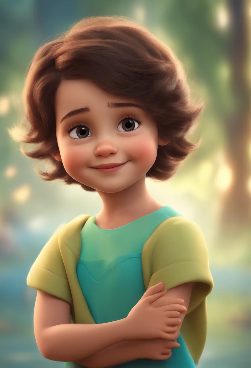 A cartoon girl with brown hair and green dress standing in a forest -  SeaArt AI