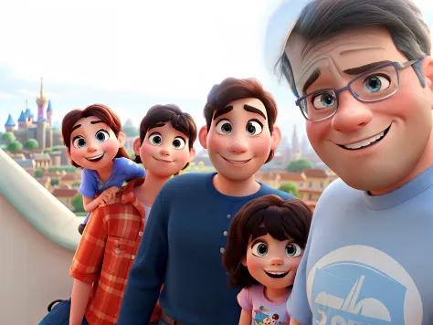 A high-quality Disney pixar family with a beautiful city in the background
