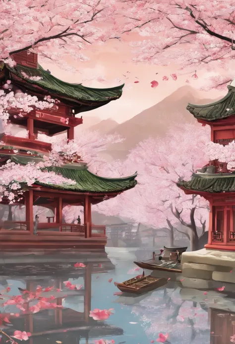 rainwater，Traditional Chinese solar term term，early spring，(((SakuraNS)))，National style，Ink wind，There is a snail on the cherry blossoms after the rain，closeup cleavage，Landscape view，Don't be characterized，Don't be characterized