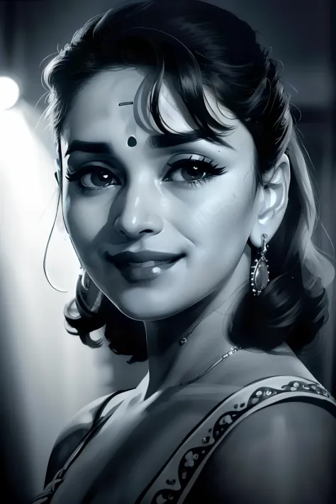madhuri dixit,jewelry,smile,  Spotlight with a snoot for a focused beam of light (Focused Spotlight).,sub surface scattering, de...
