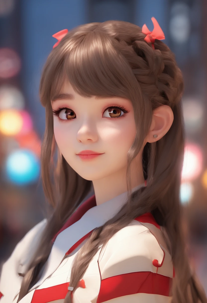 3D animation style Draw a character girl inspired by Pixar 3D. He must have white skin and be thin with light brown eyes. Brown hair with two braids on the sides, Navy blue clothes with a huge red question mark on the chest,yoji shinkawa, 4k, digital art, concept art, trending on artstation.