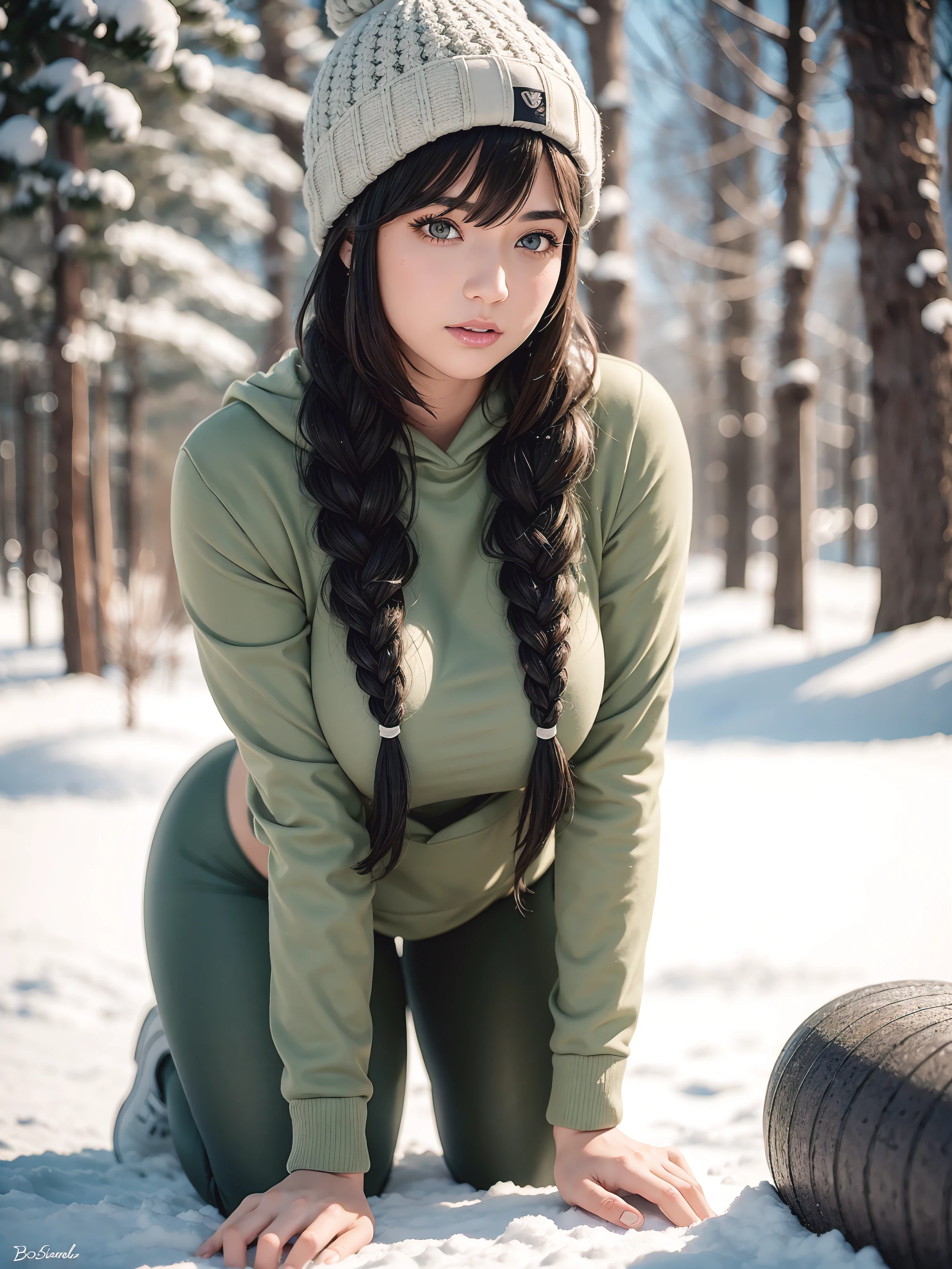 Beautiful sensual woman with a curvy body, long hair, bangs, french braid, wide waist, fitting breasts, curvy accentuated booty, olive green eyes, long eyelashes, Strong calves, shy Look, hoodie, leggings, sneakers, beanie, on All fours in a snowy forrest, evening in Winter, photorealistic, Masterpiece, bokeh, Volumetric lighting, winter season atmosphere