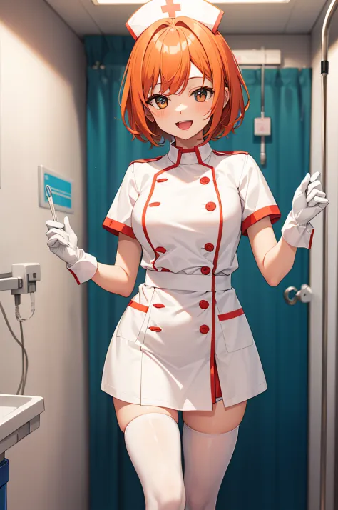 1girl, solo, nurse, nurse cap, white wear, ((white legwear, zettai ryouiki)), white gloves, very short hair, orange hair, smile,...