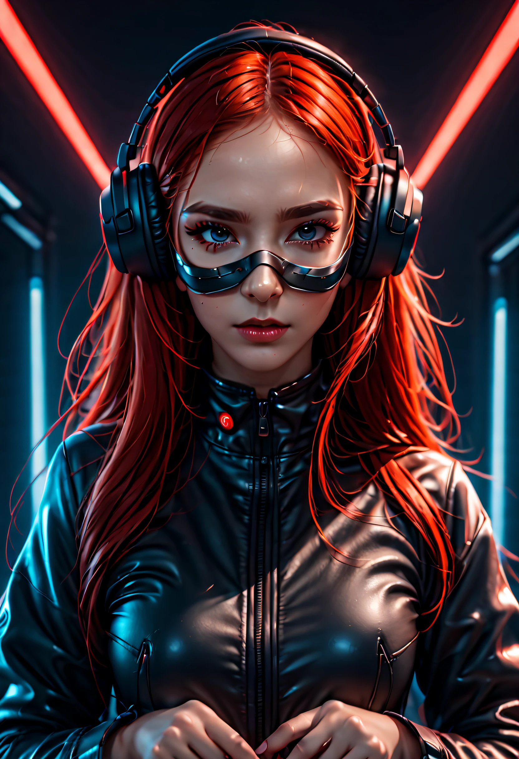 girl with long red hair, red eyes, futuristic vibes, mask on mouth, headphones, 8k, high quality, simple background, glowing eyes, nice pose