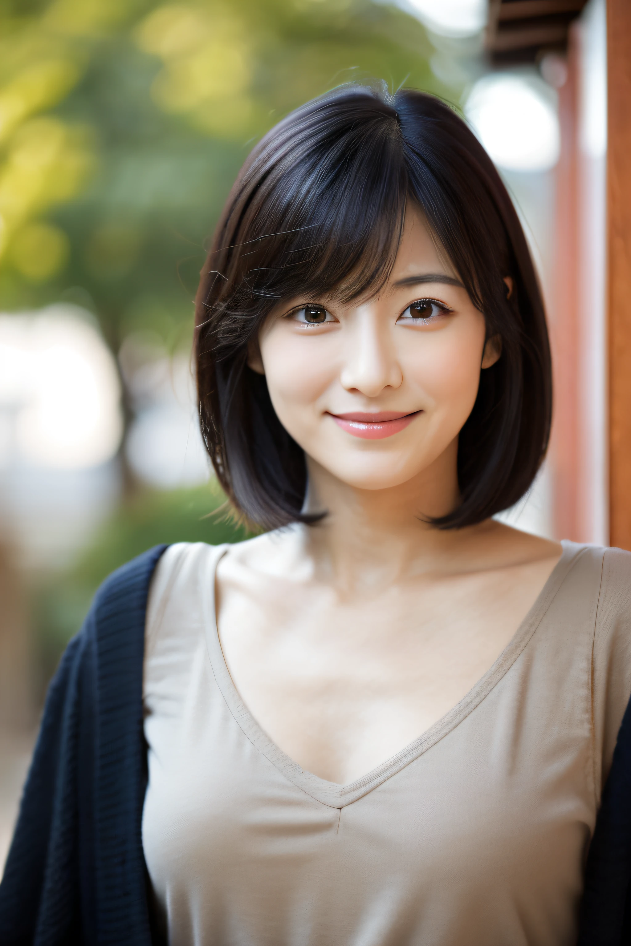 A close up of a woman with a black shirt and a brown shirt - SeaArt AI