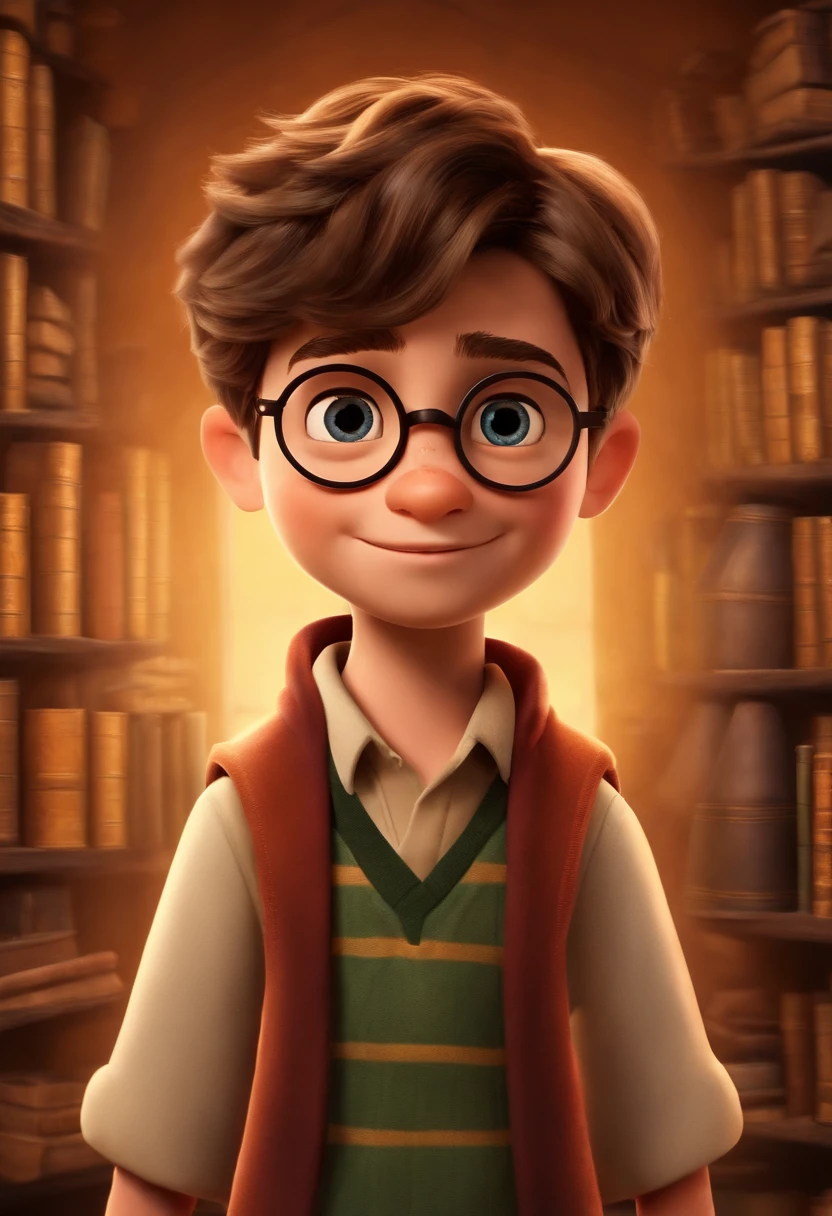 Imagem de um menino de 10 anos em um poster de filme estilo Pixar. He's the class leader, He's outgoing, Playful and gets up for a lot of things, cabelo loiro bem curto e liso e tem olho alzul. No fundo uma paisagem do universo de Harry Potter. Na imagem esta olhando para frente e sorrindo. Logo abaixo dele a palavra "Leonardo" em destaque