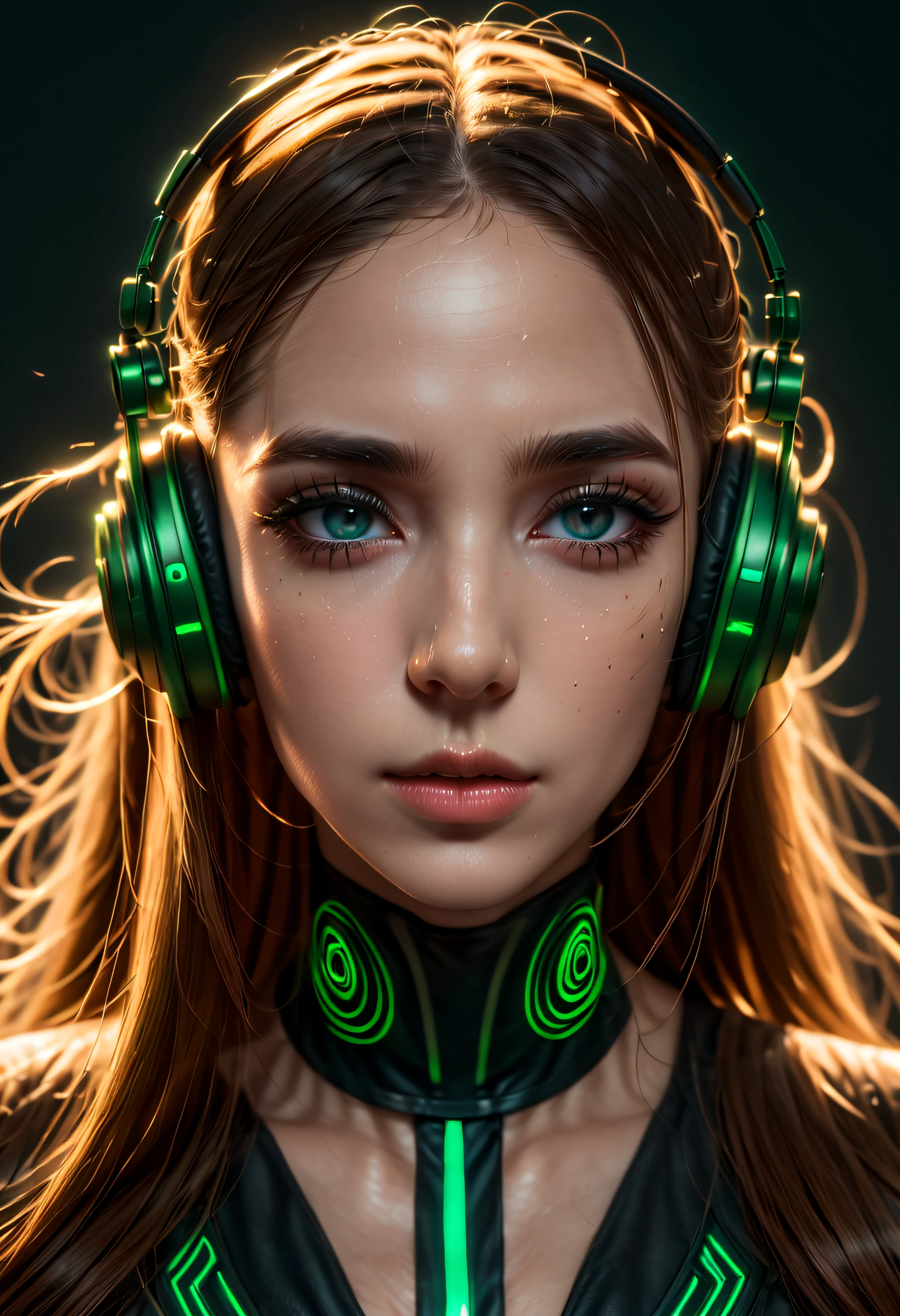 girl with long green hair, green eyes, futuristic vibes, mask on mouth, headphones, 8k, high quality, simple background, glowing eyes, nice pose