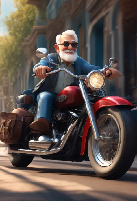 a 3D Disney Pixar style poster of an elderly man with blue eyes,  pilotando uma Harley Davison 883 em um passeio de motocicleta