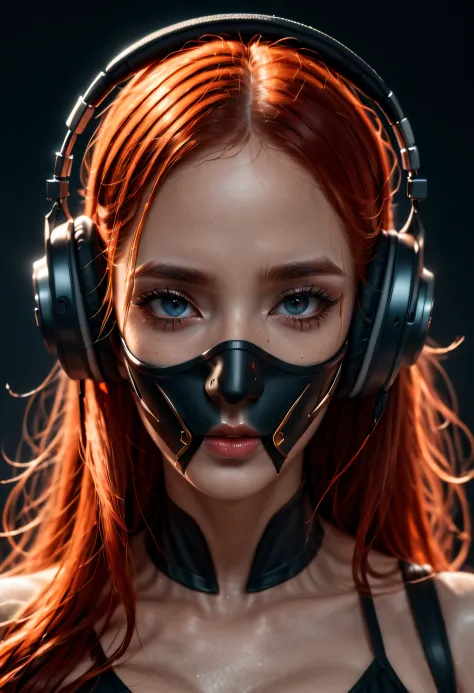 girl with long red hair, red eyes, futuristic vibes, mask on mouth, headphones, 8k, high quality, simple background, glowing eye...