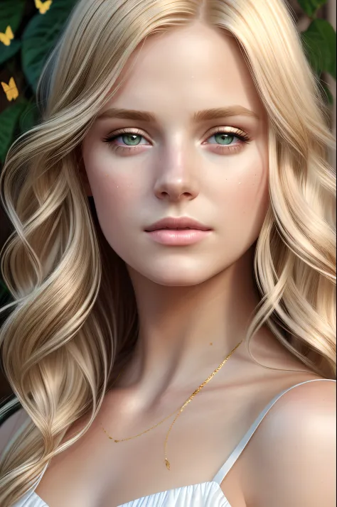 1girl, hair blonde, 8K, HD, realistic, wing butterflies on her face. beautiful highly detailed face. painting by artgerm and gre...