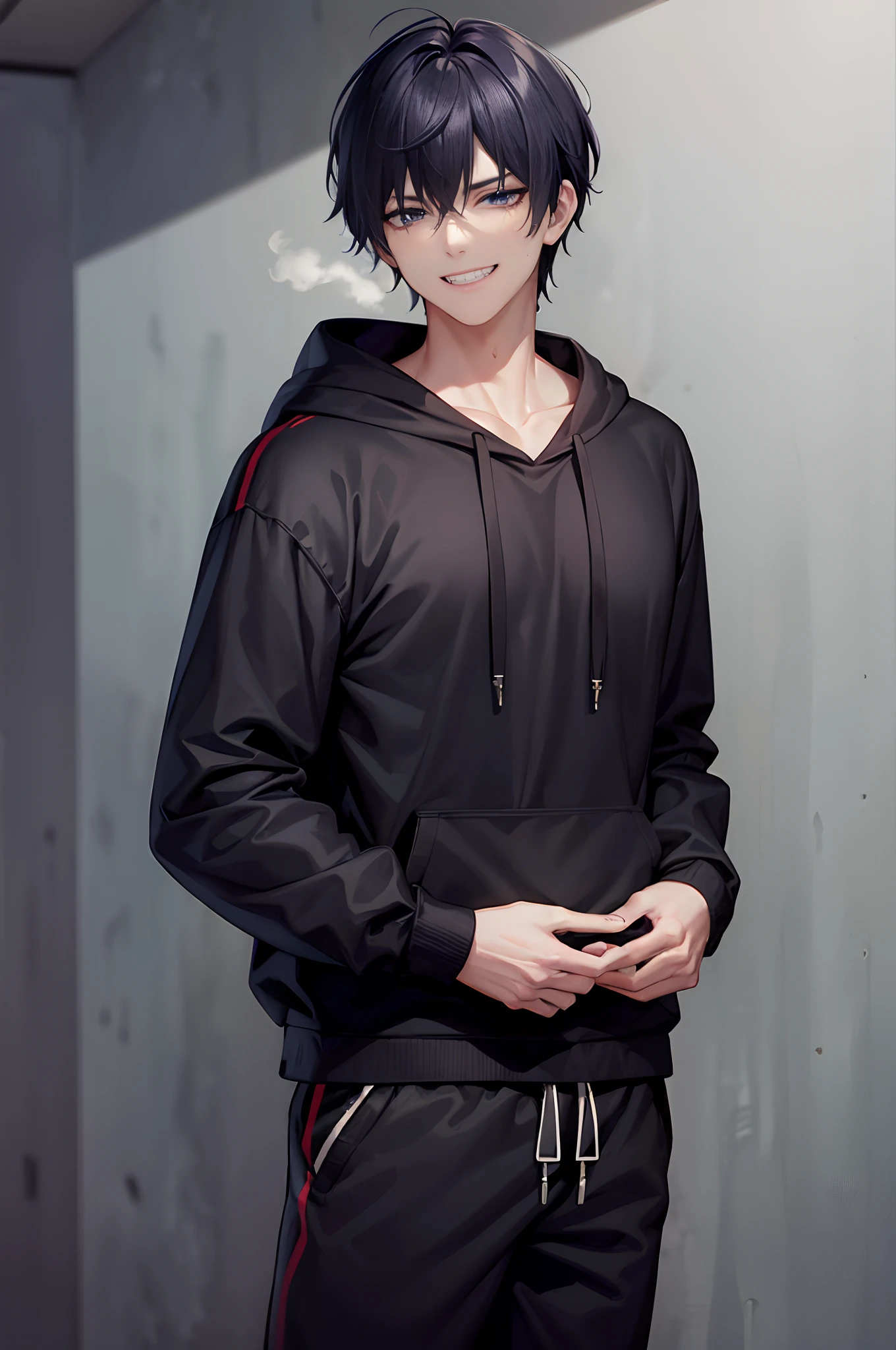 Anime guy in black hoodie and black pants standing in a room - SeaArt AI