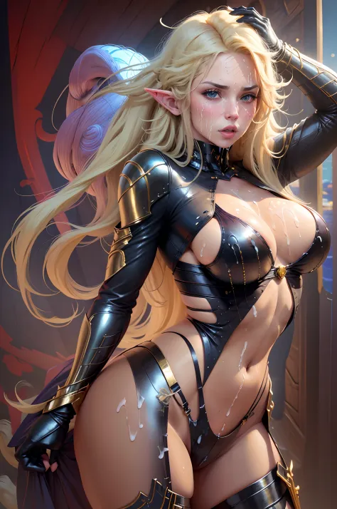 elf female, wearing a sexy bikini,, cum on face and breasts, wide hips, big breasts, extremely exaggerated bimbo physique, extremely long blonde hair, dominant, ultra detailed, 8k,HD