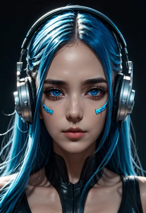 girl with long blue hair, blue eyes, futuristic vibes, mask on mouth, headphones, 8k, high quality, simple background, glowing e...