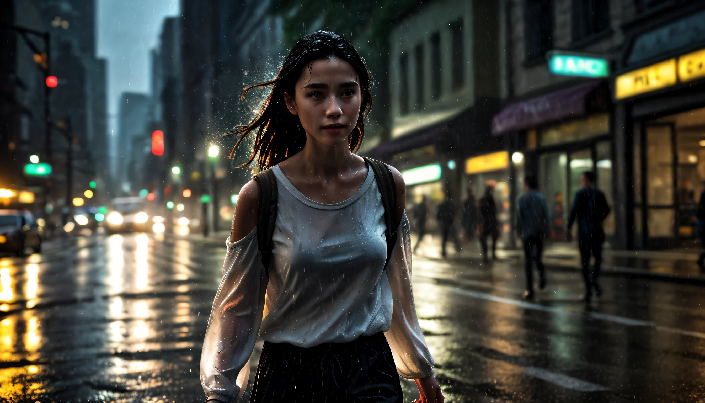 Best picture quality, ultra high resolution, (fidelity :1.4), photo, 1 girl, 1boy, holding hands, (happyness), white shirt, Dim, dark, (night), (Wet clothes:1.4), perfect faces, bare shoulders, Real rain, wet hair, cinematic, god rays, ray tracing, reflection light, Expressionism, Realism, masterpiece, highres, 16k, textured skin, anatomically correct