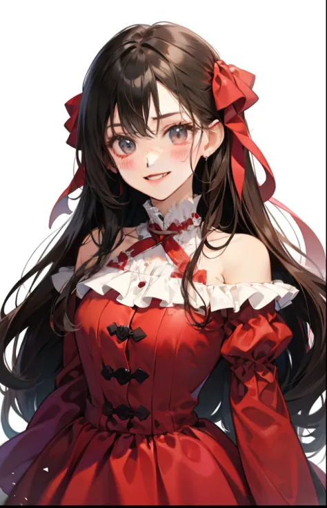 girl with、Background white、without background、A dark-haired、The long-haired、with blush cheeks、Embarrassing、Red dress、onepiece、frilld、bow ribbon、Smiling、kawaii、without background
