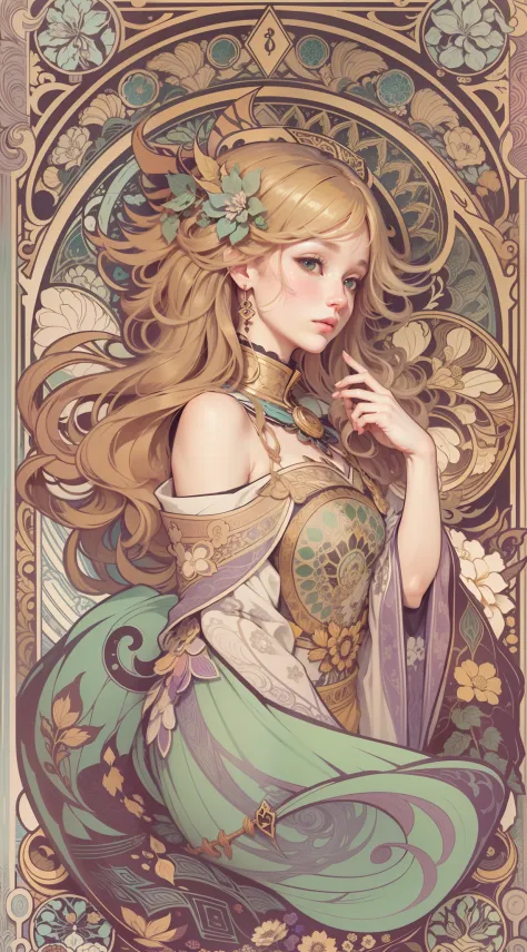 high-level image quality,Genshin, Light hair, tarot card art, line-drawing, clean line drawings, Nature-themed colored mandalas, Colorful, Simple and clean lineart, Art Nouveau décor, Alfonse Mucha, Perfect intricate details, Realistic.