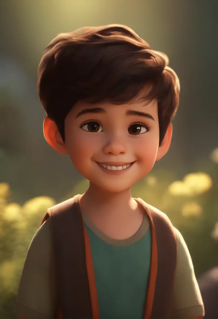 Boy, Child, Short Hair, Dark Brown, Almond Black Eyes, Smiling, Rounded Face, Disney Pixar Style