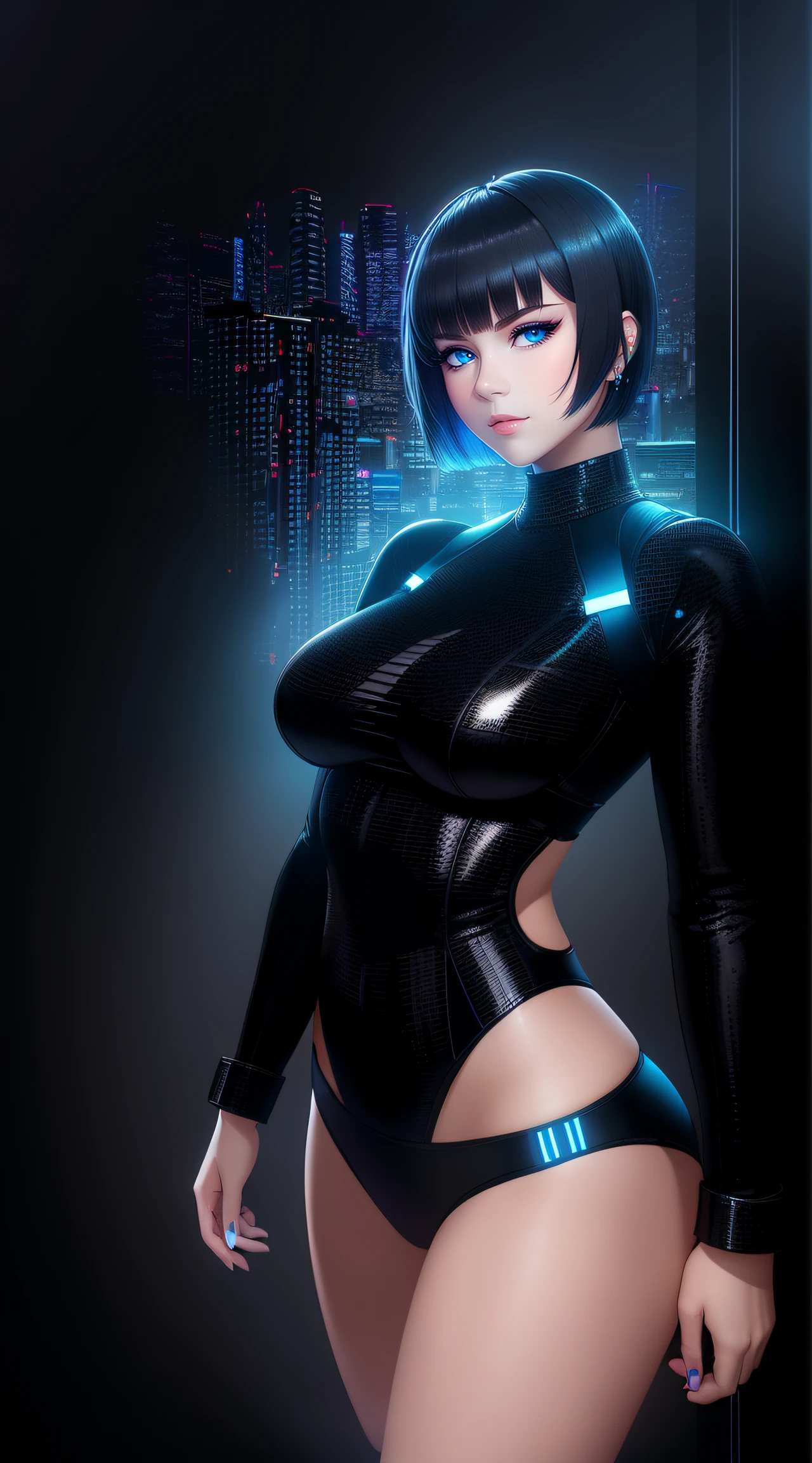 A woman in a black suit posing in front of a city - SeaArt AI