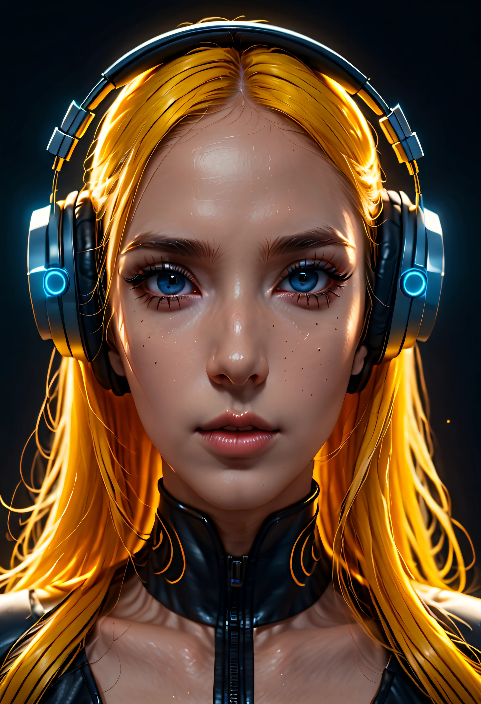 girl with long yellow hair, yellow eyes, futuristic vibes, mask on mouth, headphones, 8k, high quality, simple background, glowing eyes, nice pose