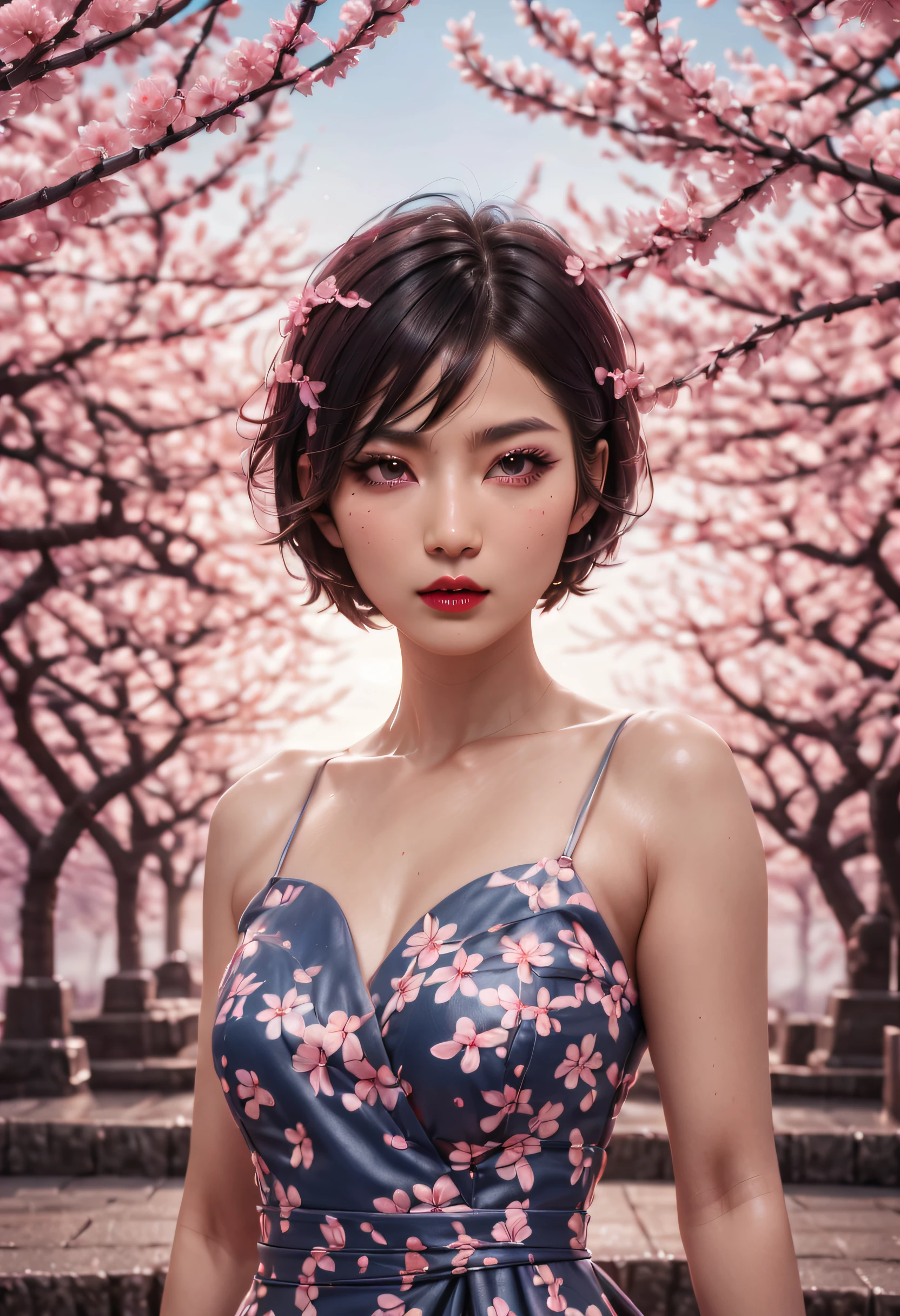 beautiful japanese young woman, thick symmetrical features, very short hair, background is cherry blossoms, pink aura, red lips, octane render,