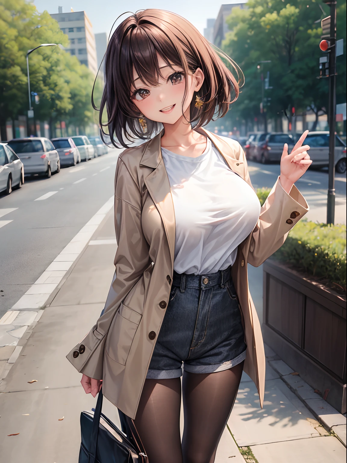 top-quality、Full limbs、complete fingers、1girl in、((one beautiful women、独奏))、Beautiful Large Breasts、Medium hair、Straight black hair、Brown jacket、White shirt、shortpants、Brown pantyhose、Naughty Poses、A big smile、a park