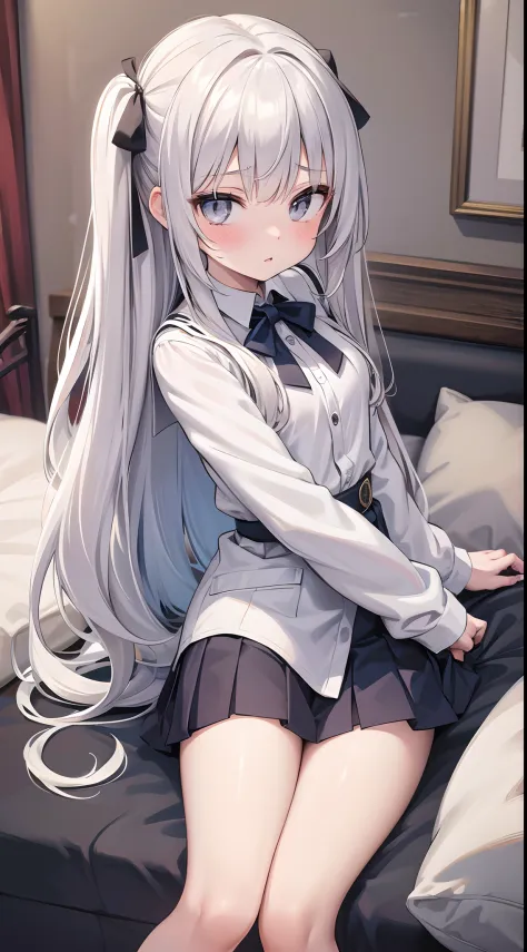 1_girl, white long hair, grey eyes, small breasts, in white school uniform in sexy poses, harem, cushions, lots of light