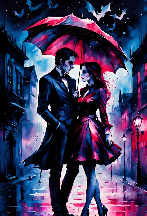 Colorsplash, (side view:1.3), (rainy:1.2) starry moonlit night, a (noble vampire love couple) under a big umbrella with rosy pri...