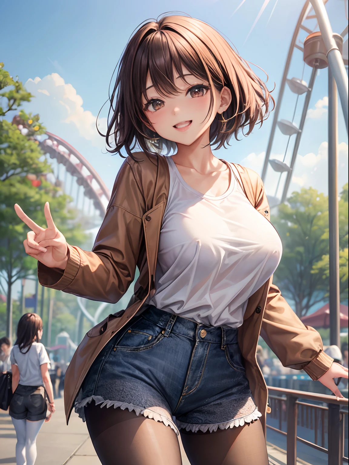 top-quality、Full limbs、complete fingers、1girl in、((one beautiful women、独奏))、Beautiful Large Breasts、Medium hair、Straight black hair、Brown jacket、White shirt、Black denim shorts、((Brown pantyhose))、Naughty Poses、A big smile、An amusement park、Frolicking、rollercoaster