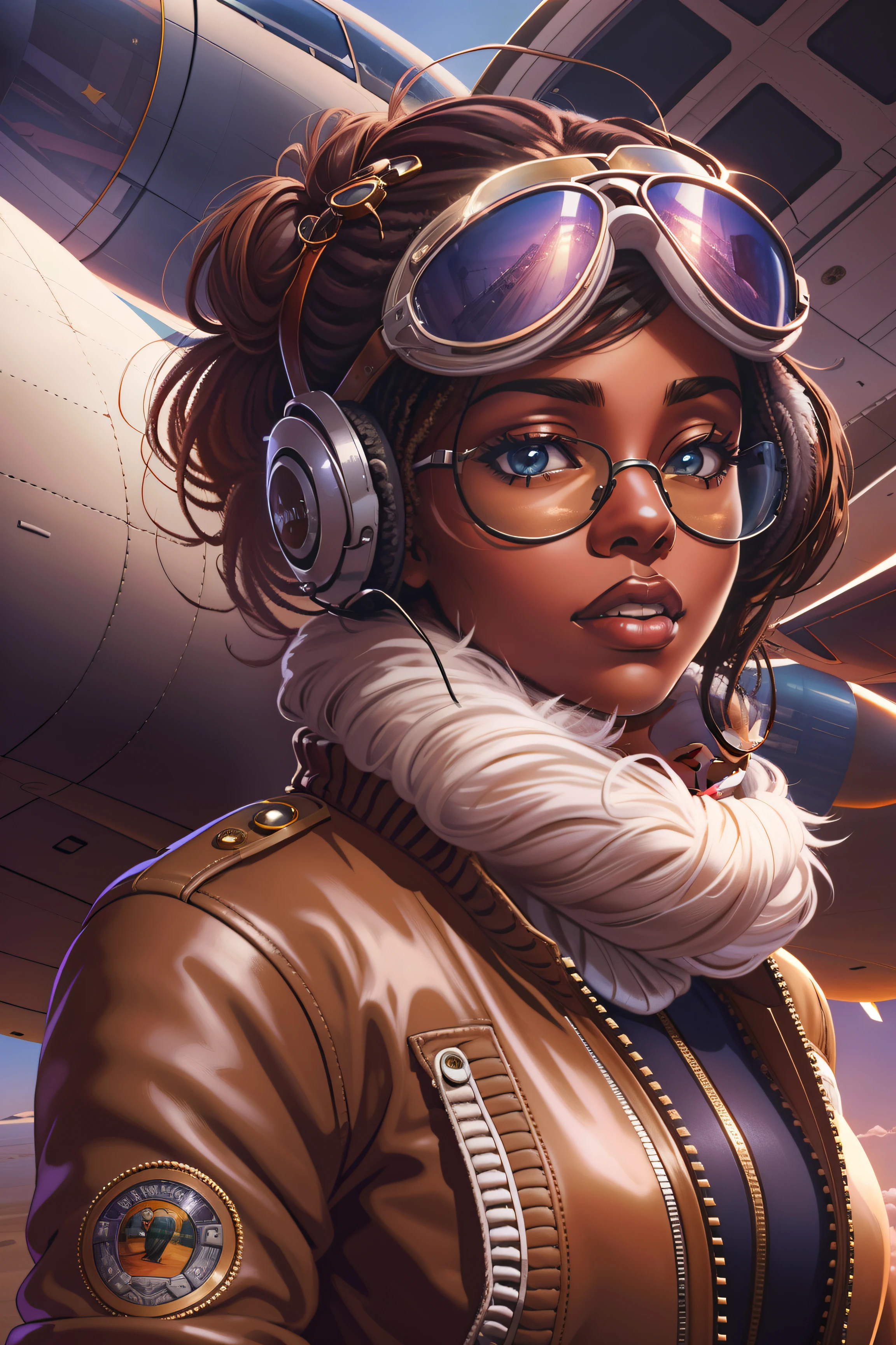 belle femme afro-américaine en veste d&#39;aviateur, écharpe blanche et chapeau bombardier aviateur avec lunettes debout à côté d&#39;un avion, peinture numérique, illustration numérique, détail extrême, art numérique, 4k, Ultra HD. Sa peau est profonde, couleur riche et ses cheveux sont tirés en arrière en chignon