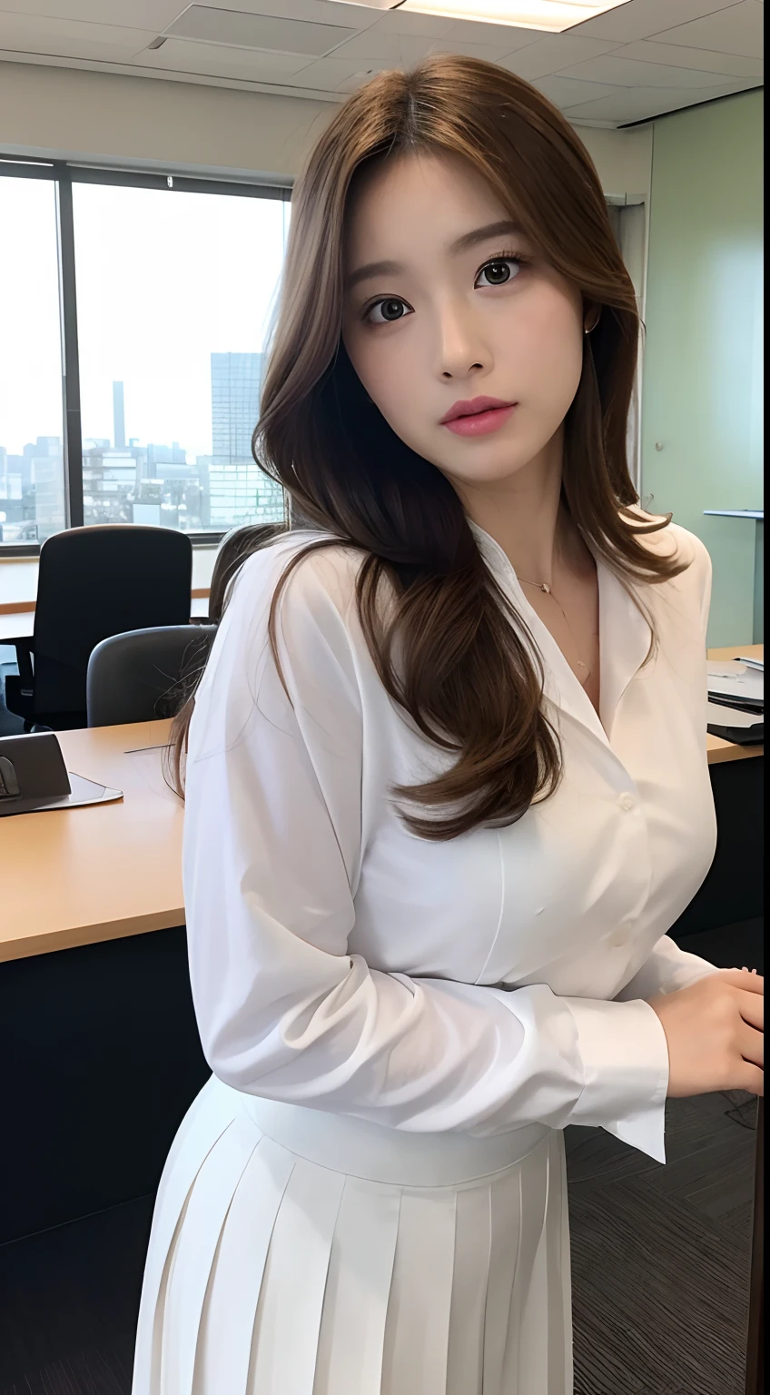 - [ ] Photorealistic:1.37, masutepiece, Best Quality, Raw photo, absurderes, nffsw, 1girl in, Wavy Hair, Brown hair , Looking at Viewer, In the large conference room of the office in the Hightower office building in Tokyo ,Tokyo Tower,intricate detailes, Detailed background, Detailed skin, Pore, hight resolution, nffsw , Presented to 10 men , beautiful model, Soft light on the face,japanse_modeled , midium breasts, 30-year-old woman with ,((White Uniform Shirt))