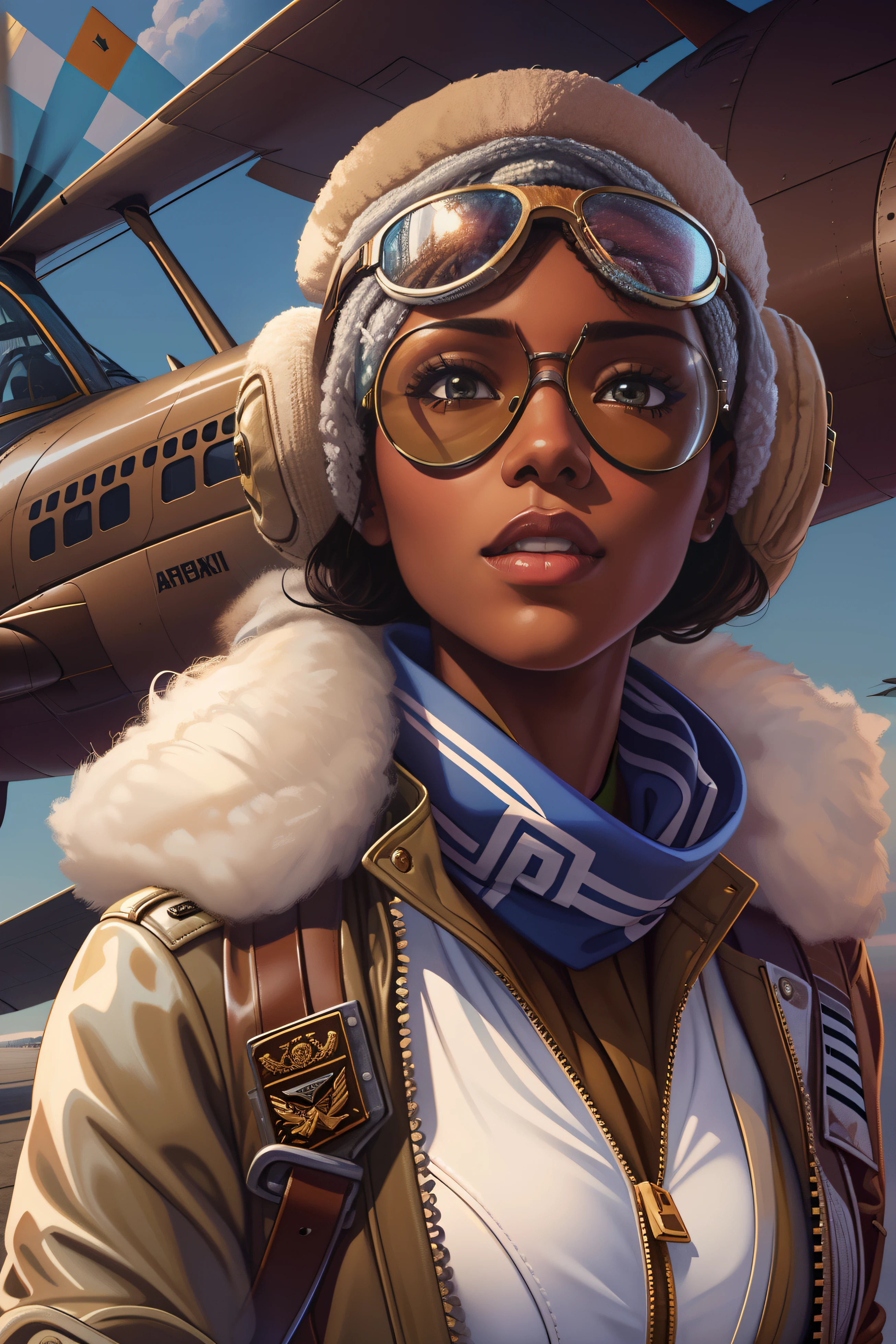 beautiful african american woman in aviator jacket, white scarf and aviator bomber hat with goggles standing next to a plane, digital painting, digital illustration, extreme detail, digital art, 4k, ultra hd. her skin is a deep, rich color and her hair is pulled back in a bun