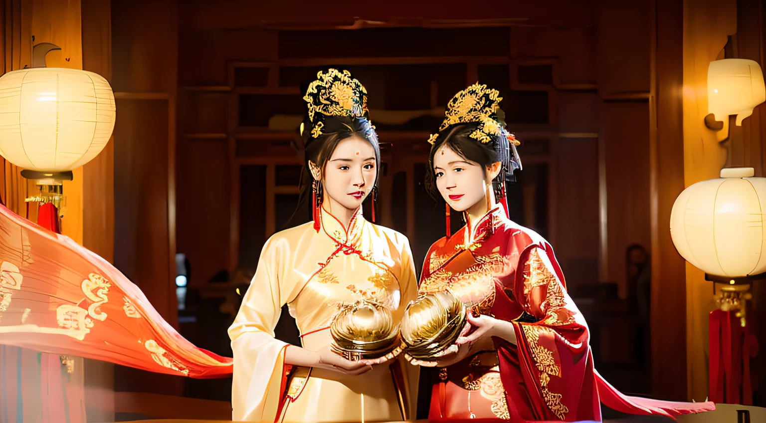 로맨틱한 겨울날，중국 전통 의상을 입은 커플이 팬과 팬을 들고 있습니다., 고대 중국 옷을 입고, 중국 전통 의상,  고대 중국 옷을 입고,, 한푸, 화려한 실크 옷을 입고, 황실 왕실의 우아한 의상, , 당나라의 아름다운 표현