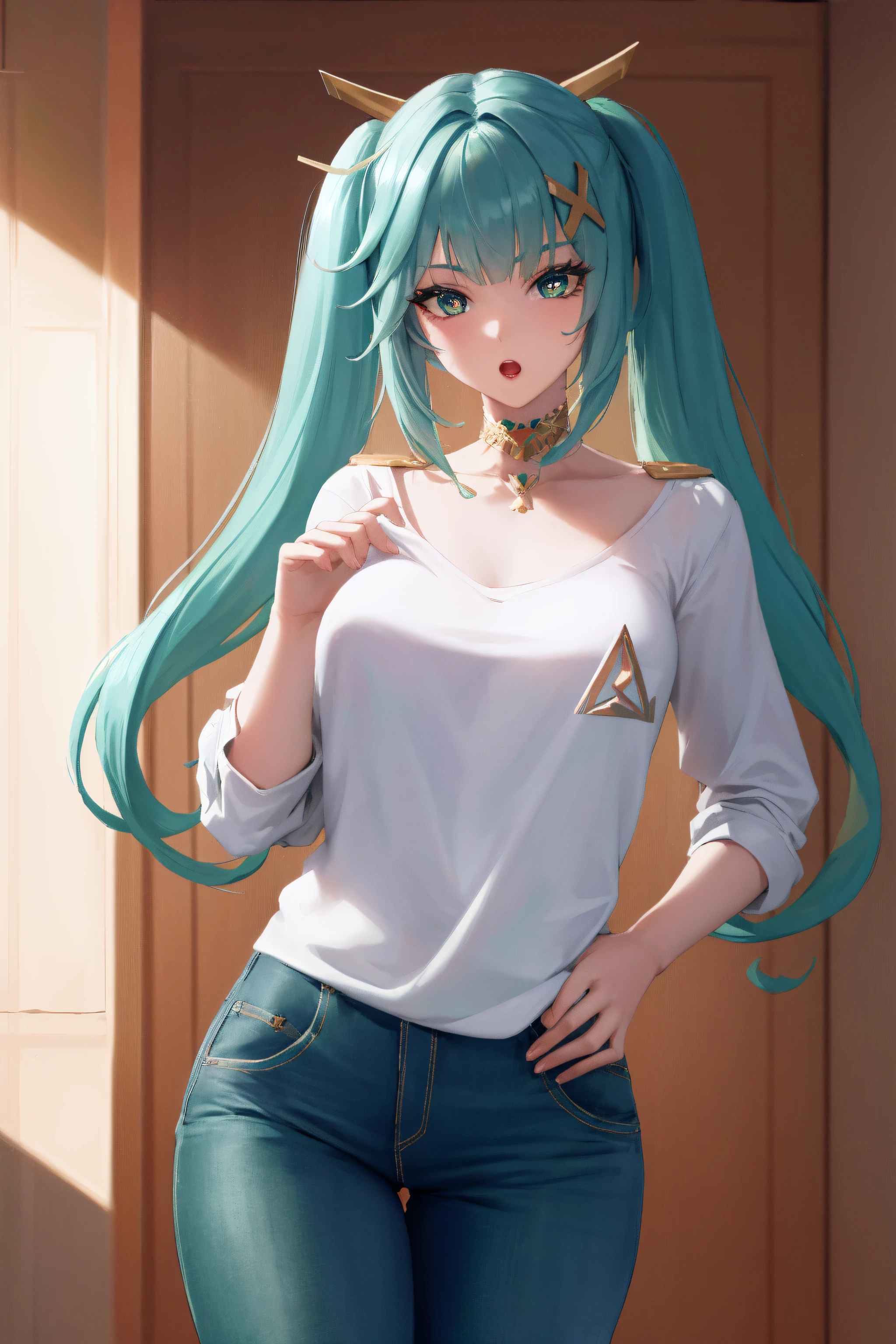 faruzan, faruzan, aqua hair, blunt bangs, cowlick, (green eyes:1.5), hair between eyes, hair ornament, long hair, (symbol-shaped pupils:1.5), (triangle-shaped pupils:1.5), twintails, x hair ornament, open mouth,
BREAK pants, jeans, sweater, collarbone, long sleeves,
BREAK looking at viewer, full body, (cowboy shot:1.5), upper body,hand on hip, angry, pov 
BREAK indoors, library,
BREAK (masterpiece:1.2), best quality, high resolution, unity 8k wallpaper, (illustration:0.8), (beautiful detailed eyes:1.6), extremely detailed face, perfect lighting, extremely detailed CG, (perfect hands, perfect anatomy),