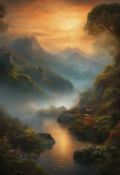 An artist's depiction of a mysterious world, com paisagens exuberantes e seres humanos antigos.
