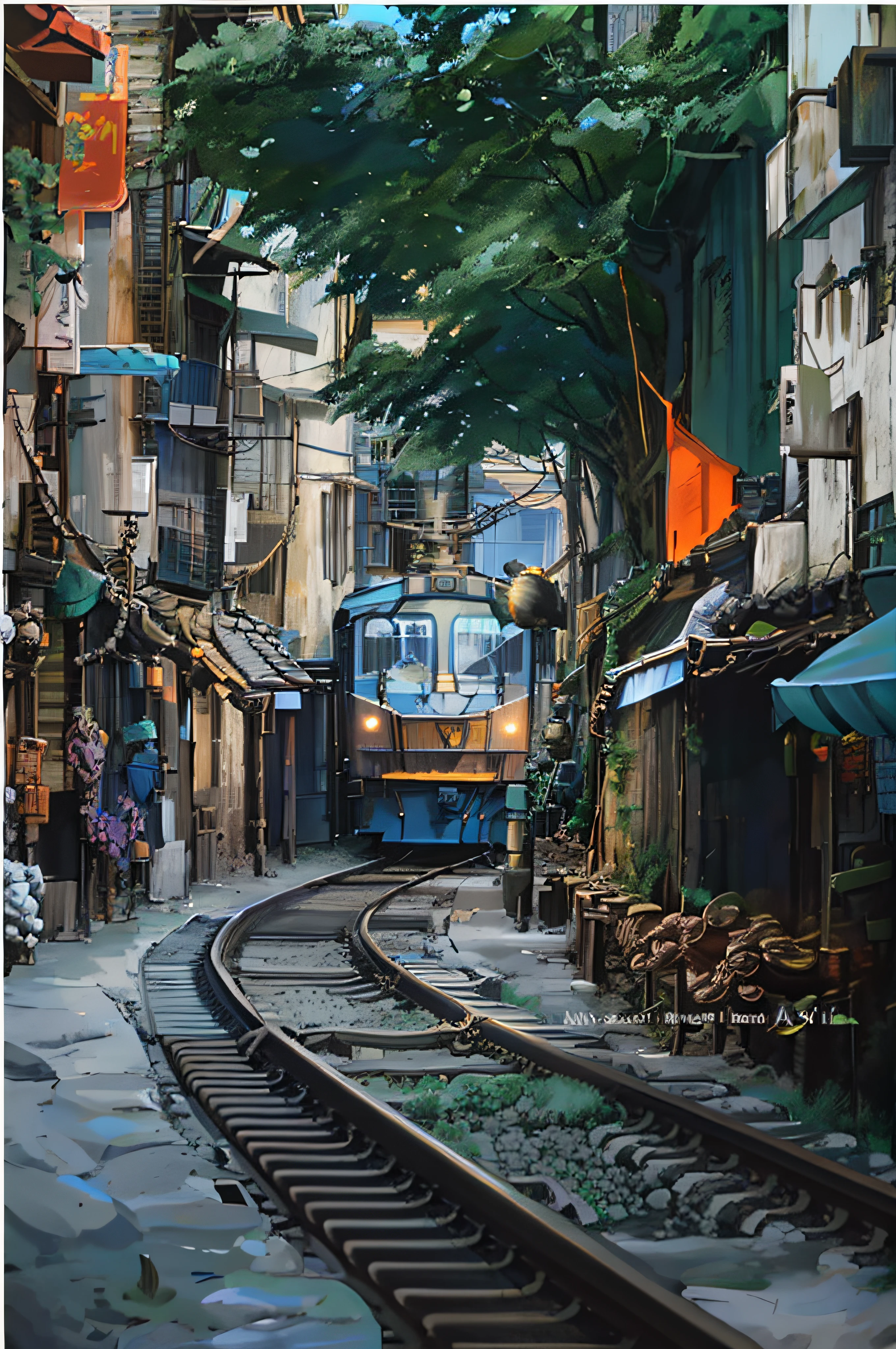 arafed train on tracks in a narrow alley with people walking on the side, inspired by Steve McCurry, 🚿🗝📝, by irakli nadar, style steve mccurry, train, street tram, by Géza Mészöly, by Ni Yuanlu, charging through city, very very surreal, hyperealistic photo
